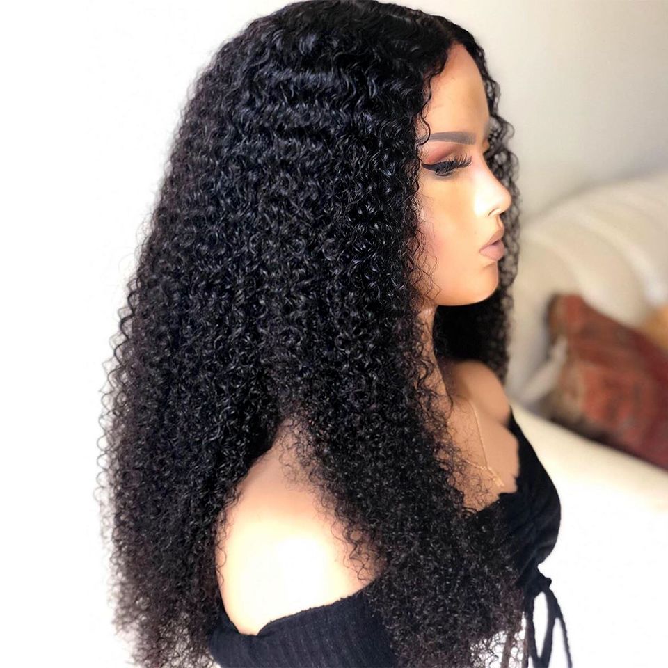 Density Long Kinky Curly Wig Lace Human Hair Fluffy