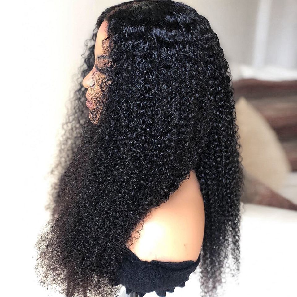 Density Long Kinky Curly Wig Lace Human Hair Fluffy