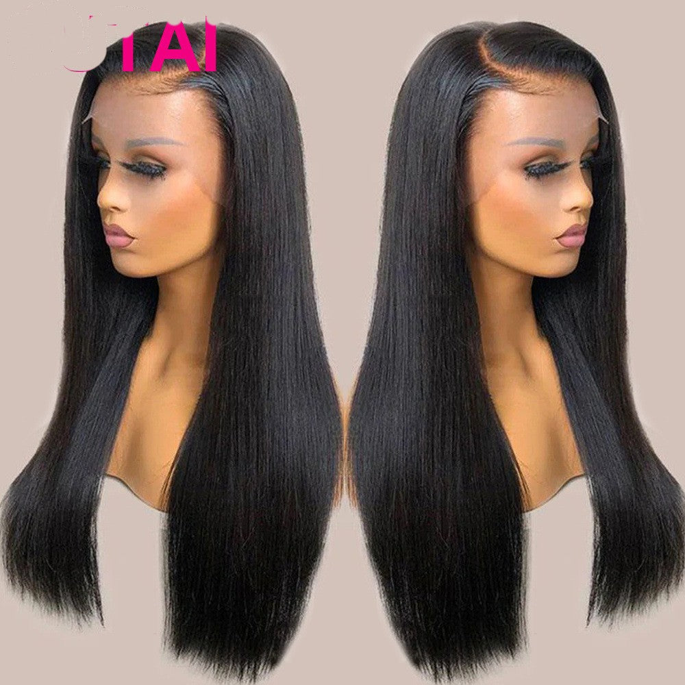 Human Hair Lace Wig Straight Hair Black Medium Kinky