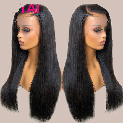 Human Hair Lace Wig Straight Hair Black Medium Kinky