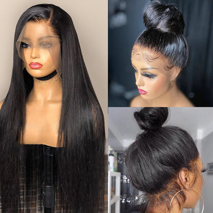 Human Hair Lace Wig Straight Hair Black Medium Kinky